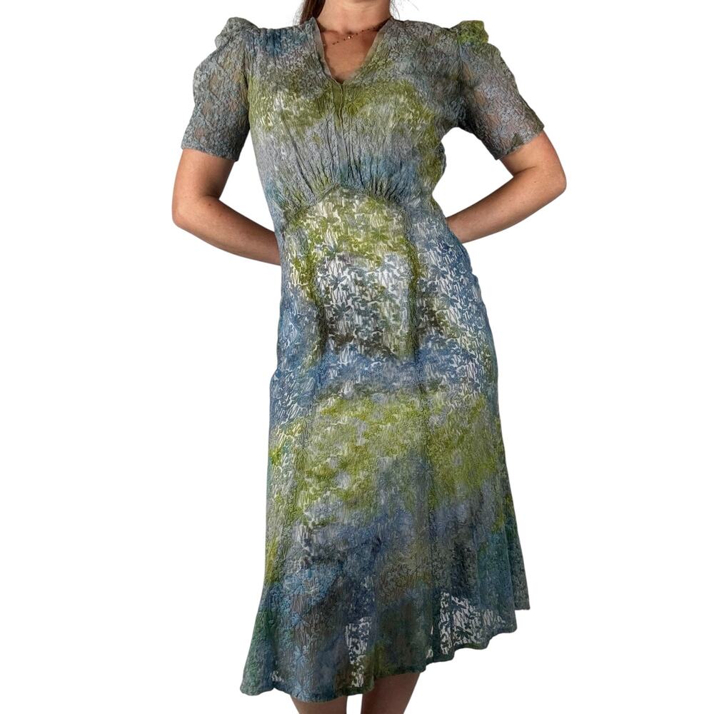 Antique 1930s 1940s Hand Dyed Blue Green Lace Dress